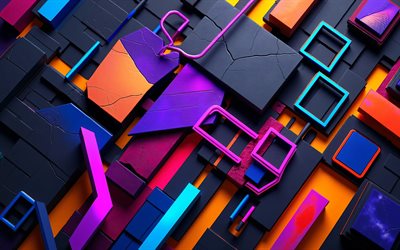4k, figuras coloridas, formas geométricas, fragmentos 3d negros, creativo, patrón geométrico fragmentado, obra de arte, fondo oscuro 3d, fondo abstracto oscuro, formas, fondos 3d