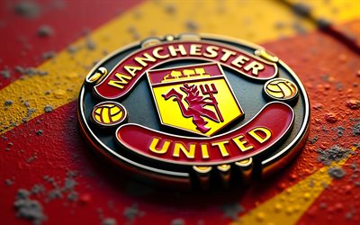 Manchester United FC metal logo, 4k, yellow and red metal background, Premier League, Manchester United logo, Manchester United FC logo, Manchester United FC emblem, England, Manchester United FC