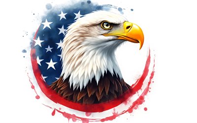águila calva, 4k, fondo blanco, bandera de estados unidos, bandera americana, arte del águila calva, 4 de julio, arte de camiseta de águila calva, eeuu, cuatro de julio