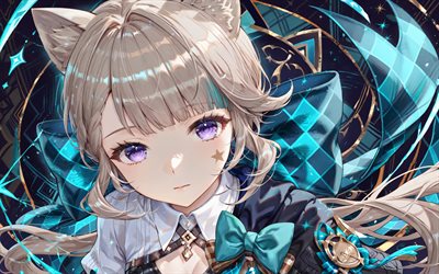 Lynette, 4k, turquoise abstract background, creative, Genshin Impact, anime characters, Lynn, Netti, Lina, Genshin Impact characters, Lynette Genshin Impact