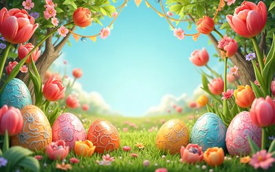 4k, cadre de pâques, fond naturel, oeufs de pâques, fleurs, joyeuses pâques, décorations de pâques, milieux de pâques, pâques