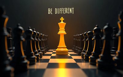 seja diferente, 4k, tabuleiro de xadrez, peças de xadrez, criativo, sejam conceitos diferentes, escuridão, xadrez, seja uma inscrição diferente, obra de arte, seja arte diferente