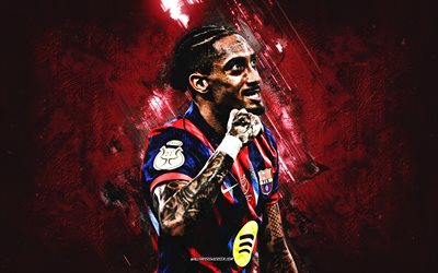 Raphinha, portrait, FC Barcelona, Raphinha sign, Barca, Brazilian footballer, burgundy stone background, goal celebration, grunge art, Barcelona, La Liga, Spain, Raphael Dias Belloli, Raphinha FC Barcelona