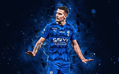 4k, sergej milinkovic savic, criativo, luzes de néon azuis, al hilal, liga profissional saudita, jogadores de futebol sérvios, sergej milinkovic savic 4k, futebol, al hilal sfc, clube saudita al hilal, sergej milinkovic savic al hilal