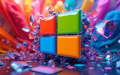 4k, windows 10 3d logo, glaskristalle, kreativ, bunter abstrakter hintergrund, abstraktes windows 10 logo, kunstwerk, windows 10 logo, os marken, windows 10