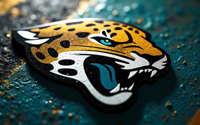 Jacksonville Jaguars metal logo, 4k, turquoise metal background, NBA, metal art, Jacksonville Jaguars emblem, USA, Jacksonville Jaguars, American football, Jacksonville Jaguars logo, NFL