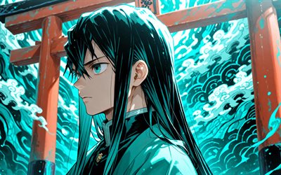 4k, Muichiro Tokito, turquoise abstract background, Torii gate, Kimetsu no Yaiba, kimono, manga, Torii, protagonist, Demon Slayer Corps, Tokito Muichiro, Demon Slayer, Muichiro Tokito Kimetsu no Yaiba