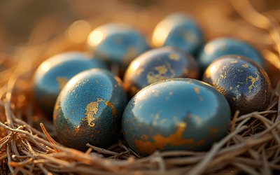 Blue Easter eggs with gold ornaments, 4k, Happy Easter, Easter eggs, eggs in a nest, Blue Easter eggs, Easter decorations, Easter concepts, Easter