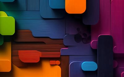 4k, figuras coloridas, diseño de materiales, formas geométricas, arte de madera, creativo, patrón geométrico fragmentado, obra de arte, fondo colorido 3d, fondo abstracto colorido, formas, fondos 3d