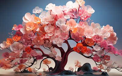árbol bonsái 3d, 4k, creativo, primavera, árbol en flor, florecer, árboles 3d, despertar de la naturaleza, composición de bonsais, árboles