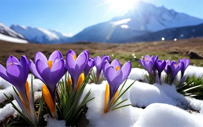 violet crocuses, 4k, mountains, spring flowers, bright sun, awakening of nature, bokeh, pictures with crocuses, spring, crocuses, beautiful flowers