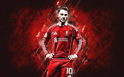 alexis mac allister, liverpool fc, kırmızı taş arka plan, sanat, premier lig, ingiltere, arjantinli futbolcu, futbol, alexis mac allister liverpool