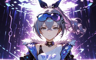 4k, lobo plateado, resplandor violeta, carril estelar honkai, obra de arte, fondo abstracto violeta, personajes de anime, manga, personajes de honkai star rail, carril estelar honkai del lobo plateado