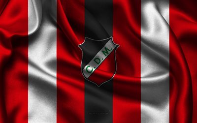 4k, logo del deportivo maipu, squadra di calcio dell'argentina, tessuto di seta bianco rosso, prima nazionale, stemma del deportivo maipu, deportivo maipu, argentina, calcio, segno del deportivo maipu