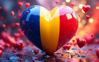 ich liebe rumänien, 4k, bokeh, bunter 3d hintergrund, rote 3d herzen, tag rumäniens, flagge rumäniens, herz mit rumänischer flagge, rumänische flagge, rumänien, liebe zu rumänien