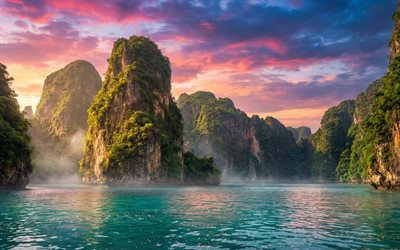 Phuket, Thailand, tropical islands, rocks, evening, sunset, ocean, mountain island, summer travel, vacation
