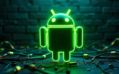 4k, android grünes neon logo, bokeh, grüner brickwall hintergrund, marken, kreativ, android neon logo, drähte, os logo, rohre, android logo, android 3d logo, android