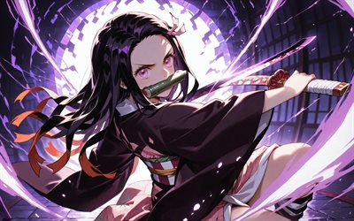 4k, nezuko kamado, espada, resplandor morado, asesino de demonios, kimono, protagonista, cazador de demonios kimetsu no yaiba, mordaza de bambú verde, manga, kamado nezuko, cazador de demonios, nezuko kamado kimetsu no yaiba