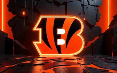 4k, Cincinnati Bengals neon logo, creative, black orange 3D background, NFL, american football, Cincinnati Bengals logo, Cincinnati Bengals emblem, american football team, Cincinnati Bengals