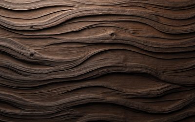 4k, texture en bois marron, macro, motifs en bois ondulés, vagues en bois 3d, bois dur, textures en bois, fond en bois marron, texture en bois ondulée, textures naturelles