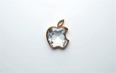 Apple 3D crystal logo, 4K, white metal background, Apple logo, Apple 3D logo, Apple sign, Apple