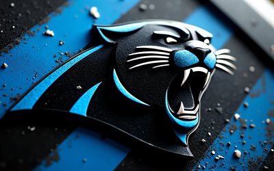 logotipo de metal de los carolina panthers, 4k, fondo de metal azul negro, nba, logotipo de los panthers de carolina, emblema de los panthers de carolina, eeuu, panteras de carolina, fútbol americano, nfl