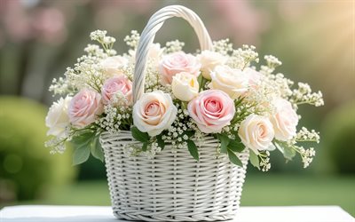 panier blanc avec des roses délicates, 4k, fleurs de printemps, roses roses, roses blanches, panier en osier blanc, bouquet de roses roses, printemps, roses, panier avec des roses