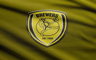 logo en tissu burton albion, 4k, contexte de tissu jaune, ligue un, bokeh, football, logo burton albion, burton albion emblem, burton albion, club de football anglais, burton albion fc