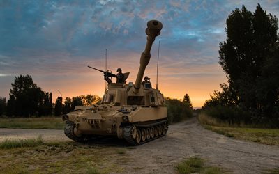 m109a6 paladin, 4k, 일몰, 포, 겨울, m109 곡사포, 미군, sph, m109a6, 155mm 자체 추진 곡사포 m109, hdr, m109