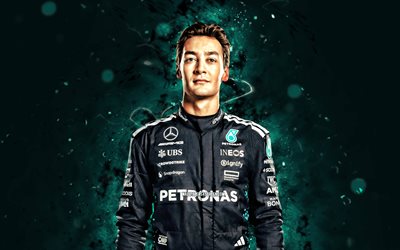 조지 러셀, 4k, 녹색 네온 조명, 메르세데스  amg 페트로나스 f1 팀, 공식 1, 영국 레이싱 드라이버, 조지 러셀 4k, 포뮬러 원, f1, 조지 러셀 메르세데스  amg