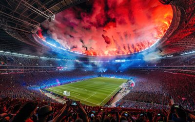 4k, football stadium, sport arena, full stadium, abstract art, soccer stadium, sunset, sports concepts, football, soccer, stands, packed stadium, stadium full of spectators, floodlights at the stadium, stadiums