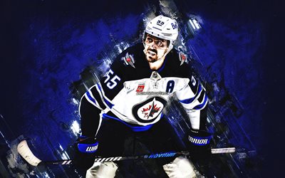 Mark Scheifele, Winnipeg Jets, Canadian hockey player, blue stone background, NHL, grunge art, National Hockey League, USA, hockey, Mark Scheifele Winnipeg Jets