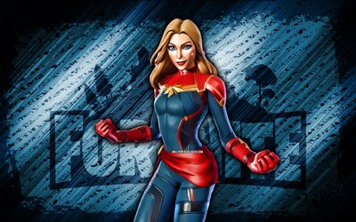 capitano marvel fortnite, 4k, sfondo diagonale blu, grunge art, fortnite, opera d'arte, captain marvel skin, personaggi fortnite, capitano marvel, skin del capitano marvel fortnite