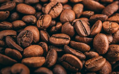 kaffeebohnen, 4k, lebensmittelstruktur, arabica bohnen, makro, geröstete kaffeebohnen, hintergrund mit kaffee, kaffeebohnen texturen
