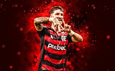 Leo Pereira, 4k, red neon lights, Flamengo, Brazilian Serie A, brazilian footballers, Leo Pereira 4K, football, soccer, Flamengo RJ, Leonardo Pereira, Flamengo FC, Leo Pereira Flamengo