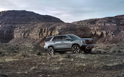 4k, gmc yukon at4 ultimate, desierto, fuera de la carretera, 2025 autos, suvs, extremo, gris gmc yukon, 2025 gmc yukon, autos americanos, gmc