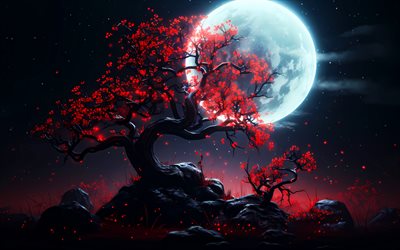 moon, 4k, red tree, fantasy landscapes, night, artwork, red leaves, autumn, bright moon