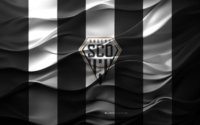 4k, angers sco logosu, siyah beyaz 3d arka plan, ligue 1, angers sco amblemi, fransız futbol takımı, angers sco bayrağı, 3d doku, fransa, angers fc, futbol, angers sco, öfke