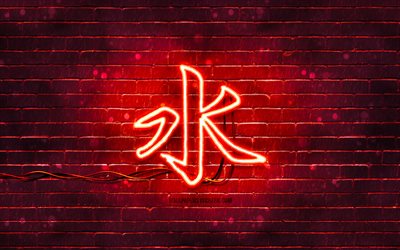 Water neon hieroglyph, 4K, red brickwall, Water Kanji, Kanji hieroglyphs, Water hieroglyph, Japanese Kanji, japanese hieroglyphs, artwork, hieroglyphs, Water