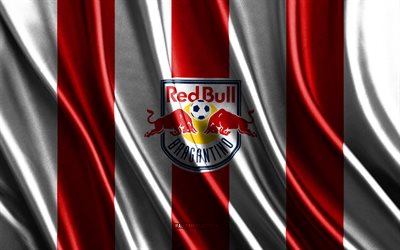 4k, logotipo da red bull bragantino, serie brasileira a, textura de seda branca vermelha, bandeira red bull bragantino, time de futebol brasileiro, futebol, bandeira da seda, emblema de ragantino de red bull, brasil, crachá red bull bragantino, bragantino