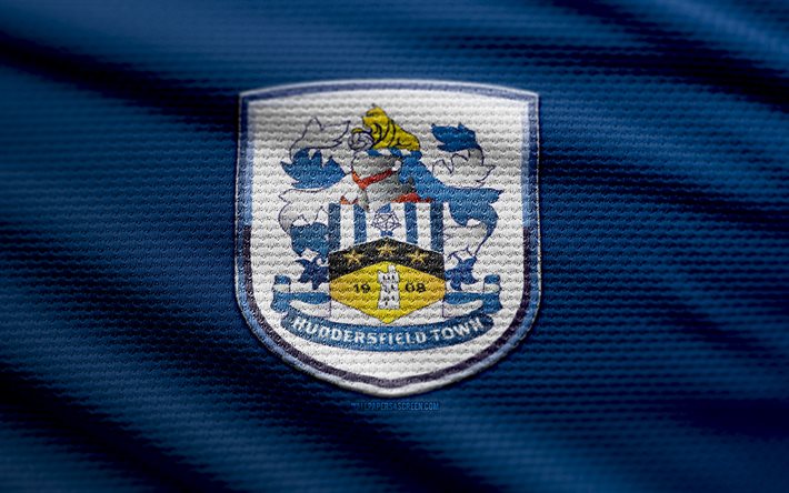 Huddersfield Town AFC fabric logo, 4k, blue fabric background, League One, bokeh, soccer, Huddersfield Town AFC logo, football, Huddersfield Town AFC emblem, Huddersfield Town AFC, english football club, Huddersfield Town FC