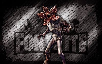Demogorgon Fortnite, 4k, gray diagonal background, grunge art, Fortnite, artwork, Demogorgon Skin, Fortnite characters, Demogorgon, Fortnite Demogorgon Skin
