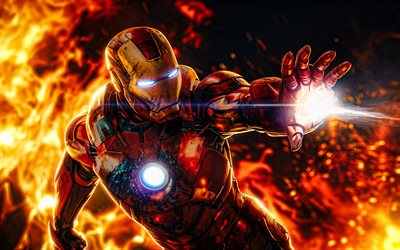 4k, Iron Man, battle, superheroes, Marvel Comics, fire flames, Cartoon Iron Man, creative, Iron Man 4K