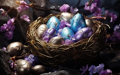 korb mit ostereier, 4k, frühlingsblumen, fantasy  kunst, bokeh, ostern, dekorierte eier, 3d  kunst, ostereier, osterdekoration, frühling, frohe ostern