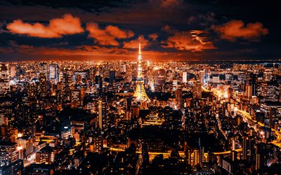 도쿄 타워, 4k, nighscapes, 일본 라디오 타워, 도시 조명, 신호등, 스카이 라인 도시, 일본 도시, 도쿄, 일본, 도쿄 파노라마, 도쿄 시위