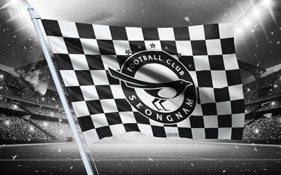 4k, seongnam fc logosu, güney kore futbol kulübü, stadyum bayrağı, seongnam fc hayranları bayrağı, beyaz siyah bayrak, seongnam fc amblemi, k league 2, güney kore, futbol, seongnam fc