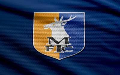 logotipo de tela de mansfield town fc, 4k, fondo de tela azul, liga uno, bokeh, fútbol, logotipo de mansfield town fc, fútbol americano, mansfield town fc emblem, mansfield town fc, club de fútbol inglés, ciudad de mansfield
