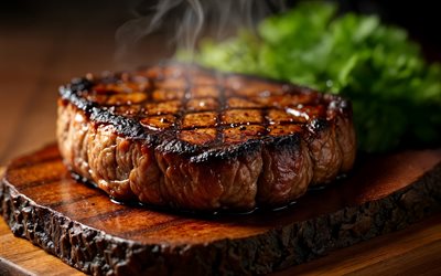 grilled steak, 4k, smoke, meat steak, lettuce leaves, grilled food, grill menu, grilled meat steaks