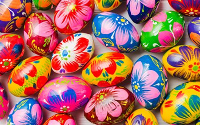 bunte ostereier, 4k, nahaufnahme, tulpen, ostern, dekorierte eier, 3d  kunst, frühlingsdekoration, osterdekoration, ostereier, frühling, frohe ostern