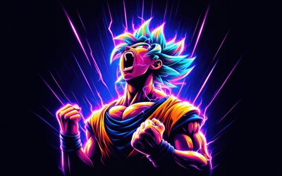 4k, Son Goku, lightings, Dragon Ball, neon art, Dragon Ball characters, Japanese manga, Dragon Ball Super, DBS characters, Son Goku DBS